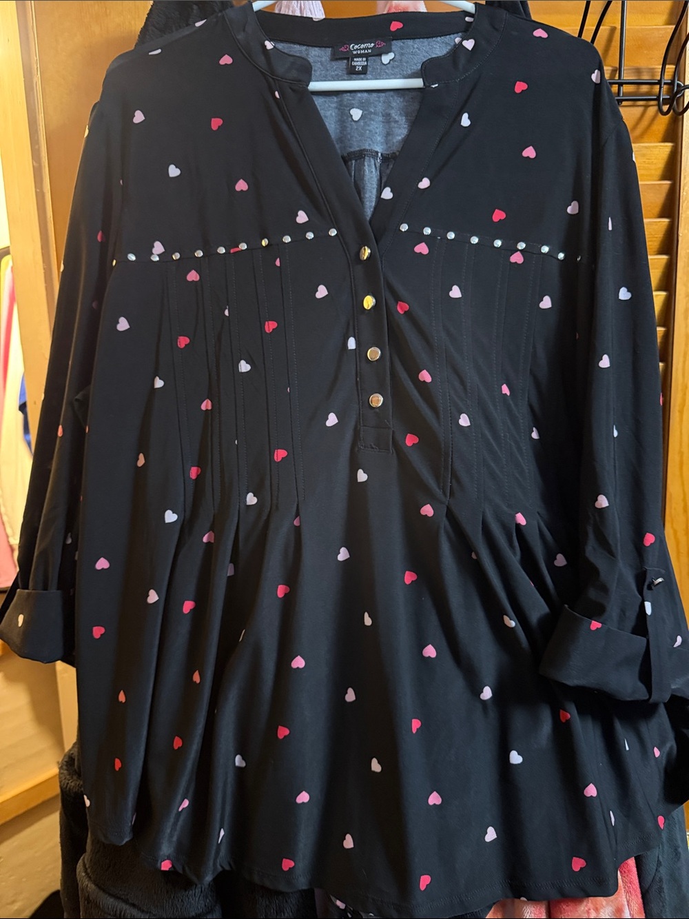 Cocomo Black Blouse with Pink & Red Heart Print
